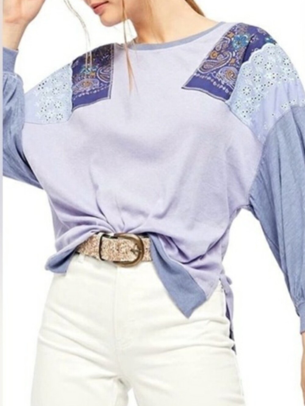 We The Free Lavender Feeling It Tee W/Paisley Shoulder Panels Small